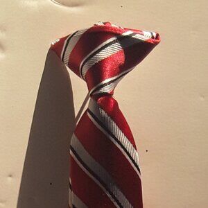 Boys clip on tie 15", red w/black/gray stripes,  1 1/2" width
